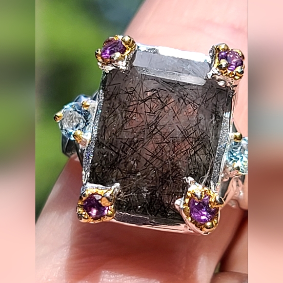 HUGE 9k rutilated quartz Amethyst &Topaz Sterling ring sz9 - Picture 6 of 8
